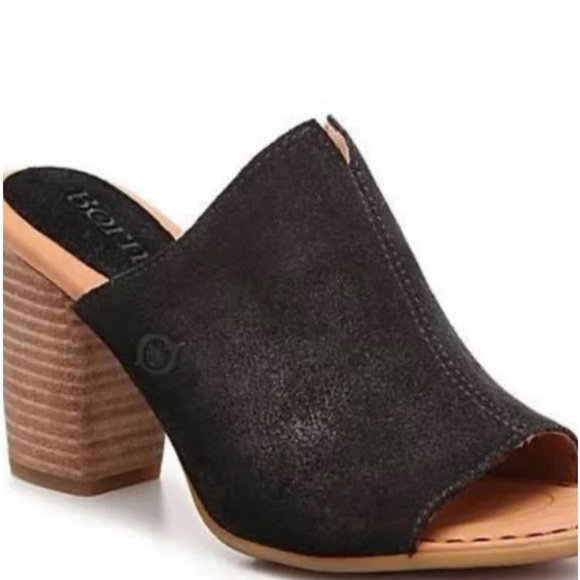 Born Ingrid Black Oiled Suede Slip On Block Heel Comfort Mule Sandals - Picture 2 of 7